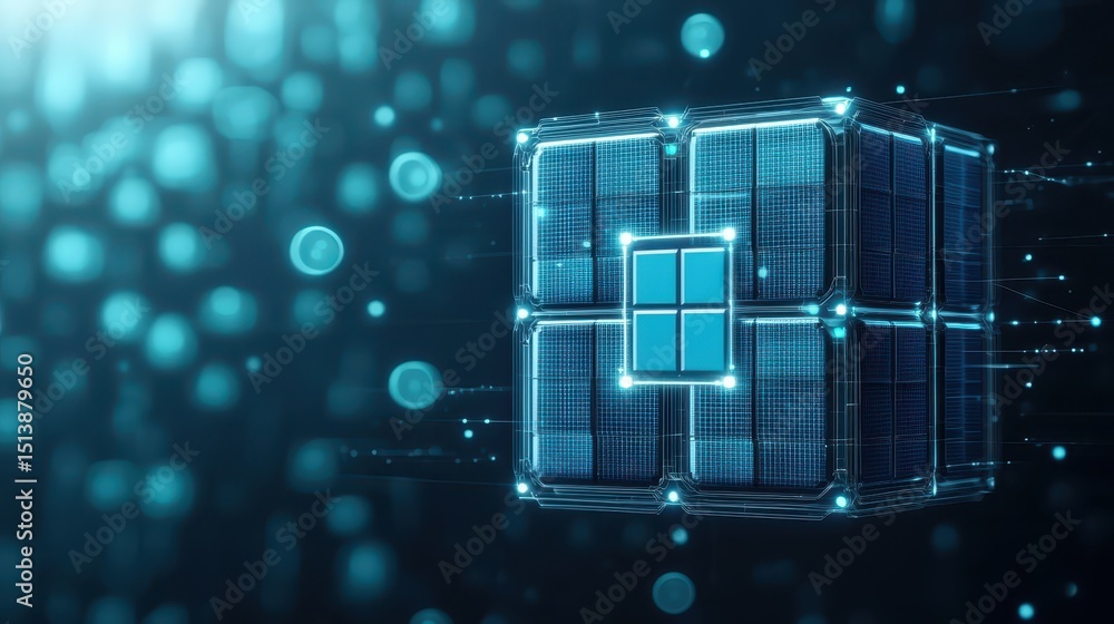 Aufkleber interconnected shipping global concept. Digital cube with a blue window design, surrounded by glowing data points in a tech-themed background.