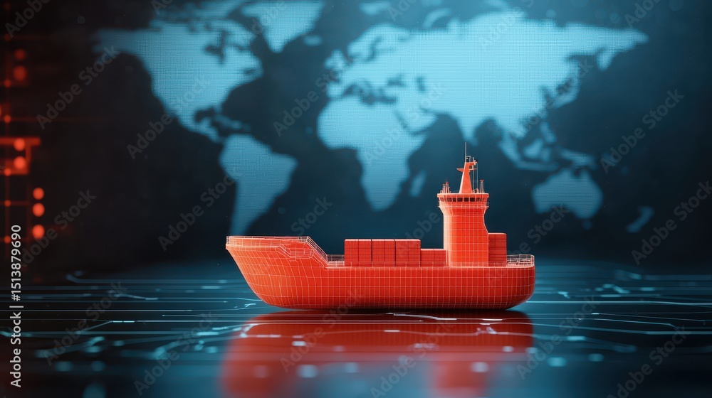Poster interconnected shipping global concept. digital rendering of a cargo ship against a world map backgr