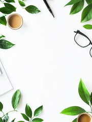 Flat lay workspace with coffee pen glasses and green leaves on a white background