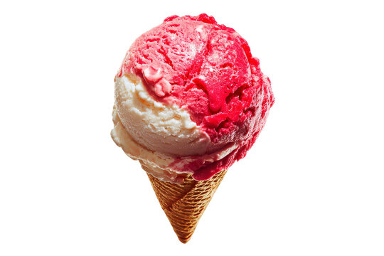 Colorful ice cream cone with strawberry and vanilla swirls, perfect for summer treats, delicious and inviting dessert option. Isolated on white background or PNG