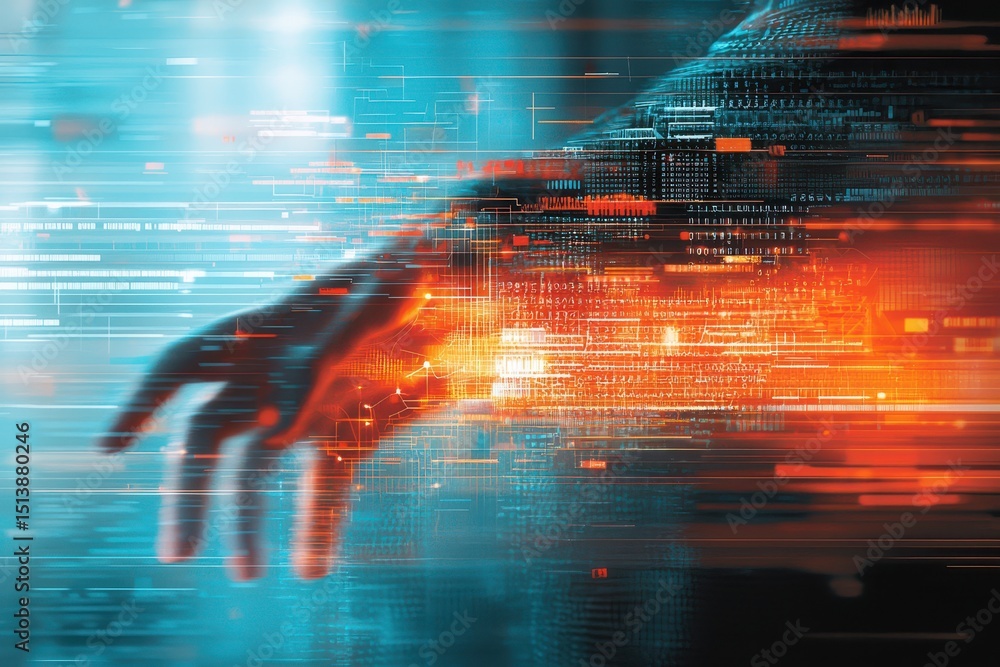 Poster interconnected shipping global concept. digital hand reaching into a vibrant, abstract data stream.
