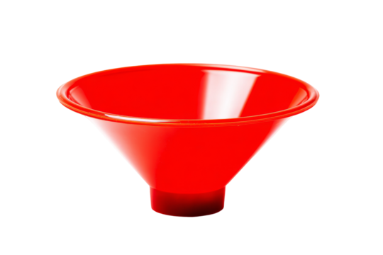 Bright red funnel, classic kitchen tool for pouring liquids, smooth glossy finish, ideal for culinary tasks and home improvement. Isolated on white background or PNG