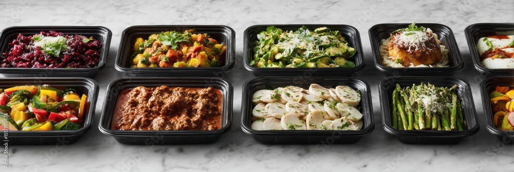 Poster Clean and Organized Kitchen Counter Displaying a Variety of Frozen Entrees in Neatly Arranged Rows