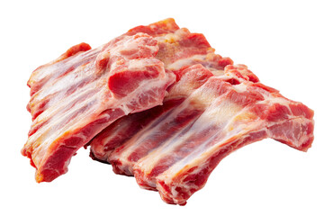 Obraz premium Fresh raw pork ribs, uncooked meat with marbling, ideal for grilling or slow cooking, vibrant color and texture showcase quality. Isolated on white background or PNG