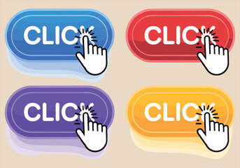 Vector illustration of click buttons in vibrant colors with hand pointer icon - click, buttons, vector, color, vibrant, UI, pointer, graphic, web, icons.
