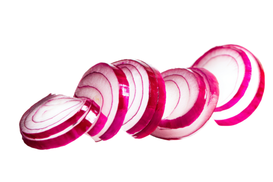 Freshly sliced radishes, vibrant red and white circular pieces, ideal for salads or garnishes, clean background for text usage. Isolated on white background or PNG