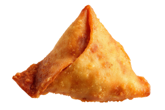 Golden crispy samosa, savory pastry filled with spiced potatoes, ideal for snack time or party platter, vibrant and appetizing. Isolated on white background or PNG