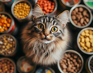 adorable fluffy cat surrounded by assorted cat food cans and bags concept of pet nutrition feline diet variety domestic cat feeding time top view