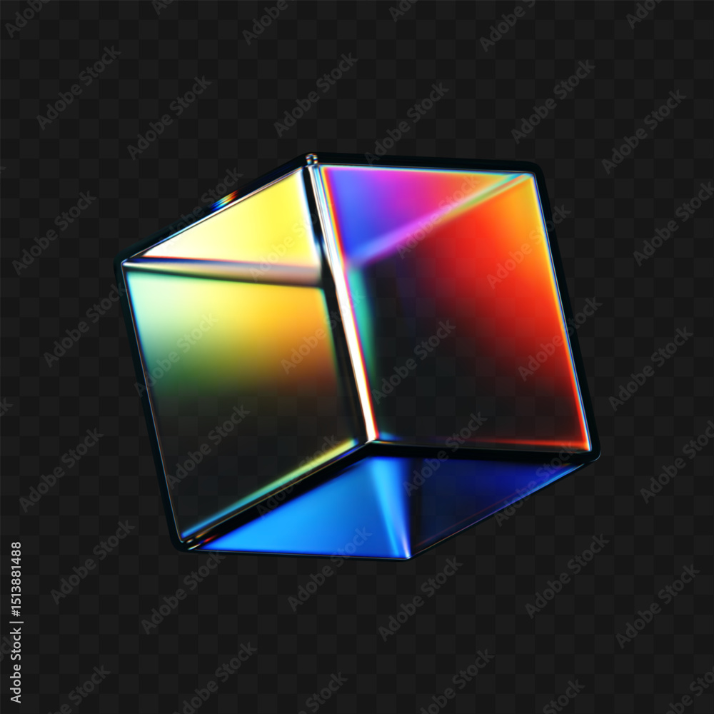 Wall mural 3d crystal glass cube with refraction and iridescent effects isolated on dark background. render tra