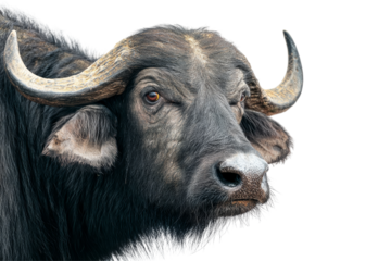 Buffalo on white background, large sturdy animal with prominent horns, representing strength and resilience, perfect for wildlife themes. Isolated on white background or PNG