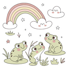 Cute Frog and Rainbow Cartoon Illustrations – Whimsical Nature Art
Adorable Frog Characters with Rainbows and Stars Pastel Animal Designs
Kawaii Frog and Nature Clipart – Black and White & Pastel 