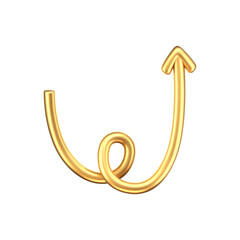 3D gold doodle arrow in Y2K style, isolated on a dark background. Render of 3D golden liquid curve and swirl arrow, rotating up, down, and right with a metal shine effect. 3D vector Y2K figure