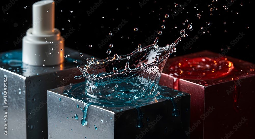 Poster water splash on a blue cube with a white bottle and a red cube in the background