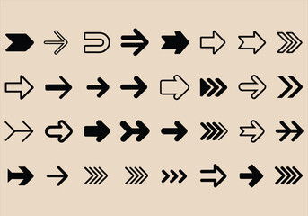 Vector illustration of various arrow icons in black and outline style - arrow, icons, direction, vector, black, outline, navigation, graphic, forward, motion.