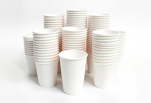 Neat stack of disposable paper coffee cups on white background,  mockup,   drink packaging