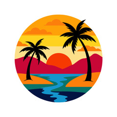Vibrant Sunset over a Tropical Beach with palm tree illustration