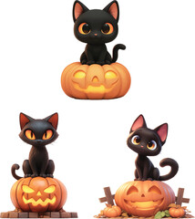 Halloween action playful black cat on pumpkin festive atmosphere digital artwork whimsical view spooky concept