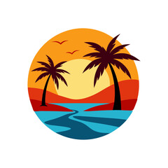 Vibrant Sunset over a Tropical Beach with palm tree illustration