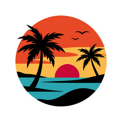 Vibrant Sunset over a Tropical Beach with palm tree illustration
