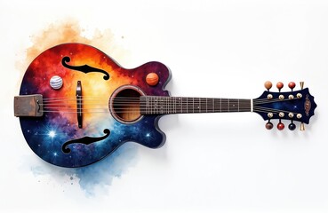 Fototapeta premium Stunning watercolor illustration of mandolin merging art music. Mandolin features vibrant space-themed design merging art music. Creative display of craftsmanship acoustic musical instrument.