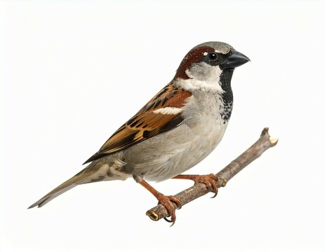 A sparrow perched on a small branch against a plain white background in a studio setting image