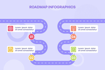 Simple 4-Point Curved Roadmap Infographic with Milestone Icons