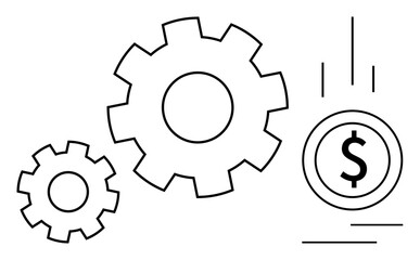 Three interlocking gears and a falling dollar coin symbolizing teamwork, efficiency, productivity, financial growth, system processes, value creation, and economic strategy. Ideal for business