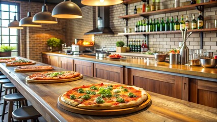 Fototapeta premium Classic pizza on bar surface surrounded by drinks modern stools ideal banner for new restaurant promo or casual food brand advertisement milkyhexddway pizzas Backgrounds ads
