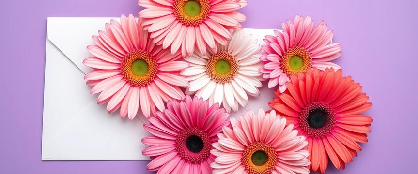 Pink, white, & orange gerbera daisies artfully arranged on a purple backdrop, adorning a white envelope,  summer,  close up