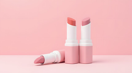 Pink lipstick cosmetic mockup on a pink background.
