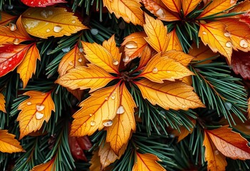 Rain-slicked leaves and pine needles form a seamless autumnal winter texture,  botanical,  high resolution