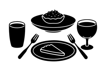Elegant black and white dining arrangement with plates, cutlery, and wine glass.