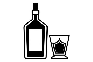 Elegant black and white illustration of a bottle and glass for cocktails or drinks