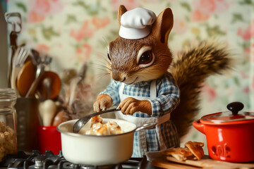 Squirrel cooking in a kitchen