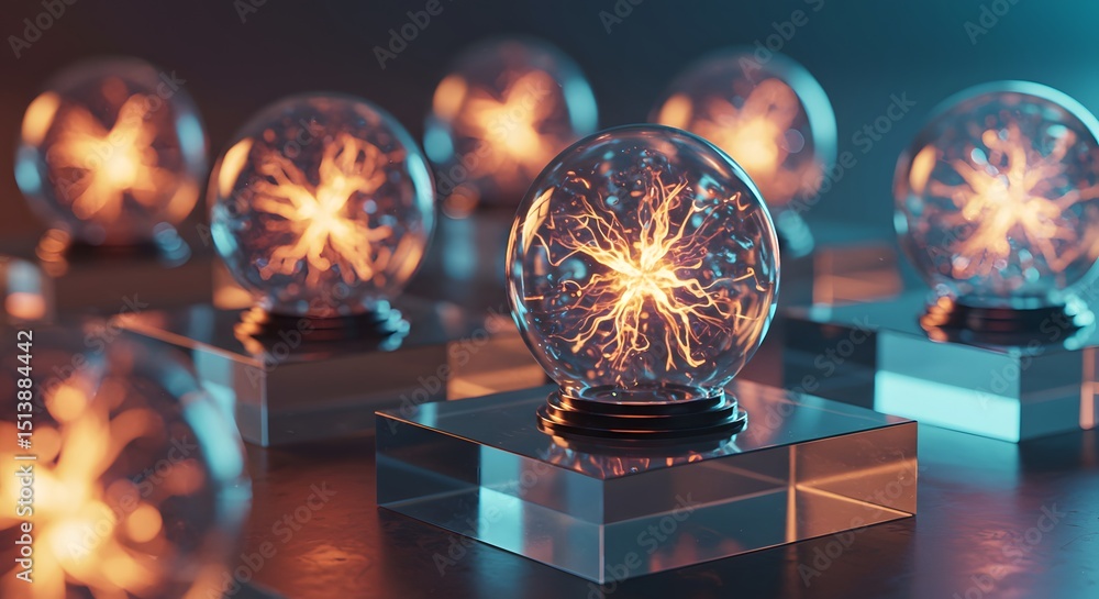 Aufkleber glowing plasma balls on reflective surfaces with intricate internal lightning patterns