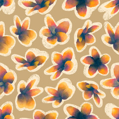 Vintage Watercolor Floral Seamless Pattern with Soft Gradient Flowers with Textured Beige Outlines on Tan Background