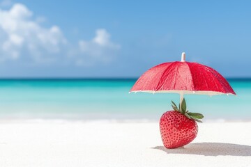summer fruit beach concept. Strawberry with an umbrella on a beach, highlighting summer vibes and relaxation.