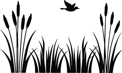 Silhouette of bird flying above reeds and grass in black and white landscape