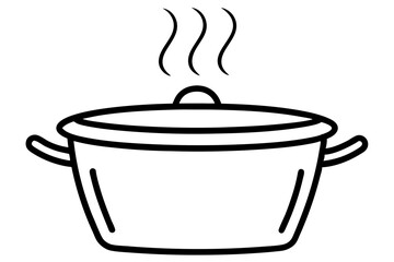 Simple black and white outline of a cooking pot with steam rising upwards