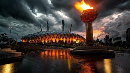 Stadium with glowing architectural details and an eternal flame against a stormy sky, cityscape backdrop