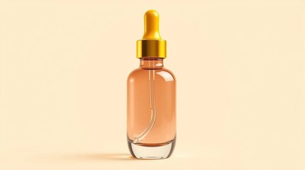 Naklejka premium A glass bottle with a dropper filled with a light brown liquid against a pale yellow background