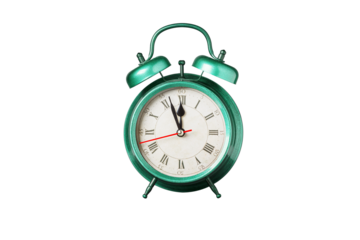 retro clock, pointer clock, green color alarm clock on isolated white background close up