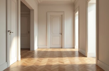 Hallway with white doors, beige walls, wooden parquet floor. Interior perspective with classic, modern design. Sunlight shines through doors, windows. Perfect for background, home decor projects.