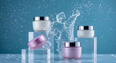 Assorted cosmetic jars with silver lids on clear stands amidst water splash on blue backdrop