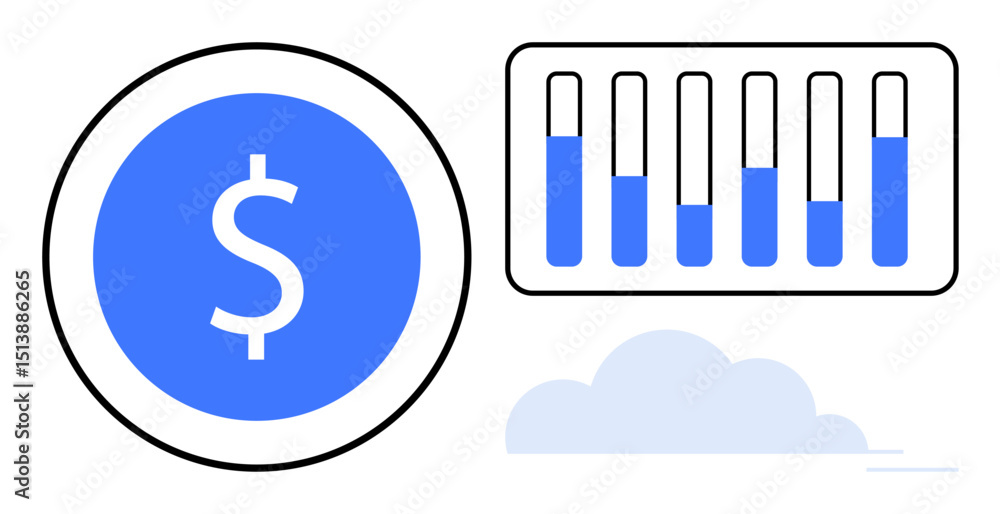 Poster dollar symbol representing financial concepts near bar graphs depicting data progress and analysis o