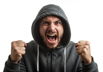 Angry man in hoodie shouting isolated on white background