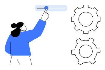 Plakat Person operating slider to manage settings alongside technical gear symbols. Ideal for automation, configuration, workflow, optimization, system management, decision-making, simple landing page