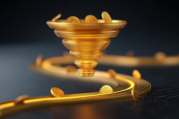 Futuristic concept of a glowing golden funnel processing coins in a financial data stream