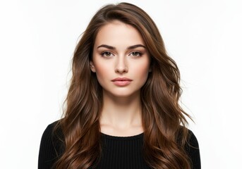 Beautiful woman portrait long brown hair isolated on white background