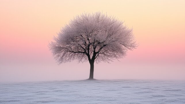 Solitary frosted tree in a misty winter landscape - Powered by Adobe